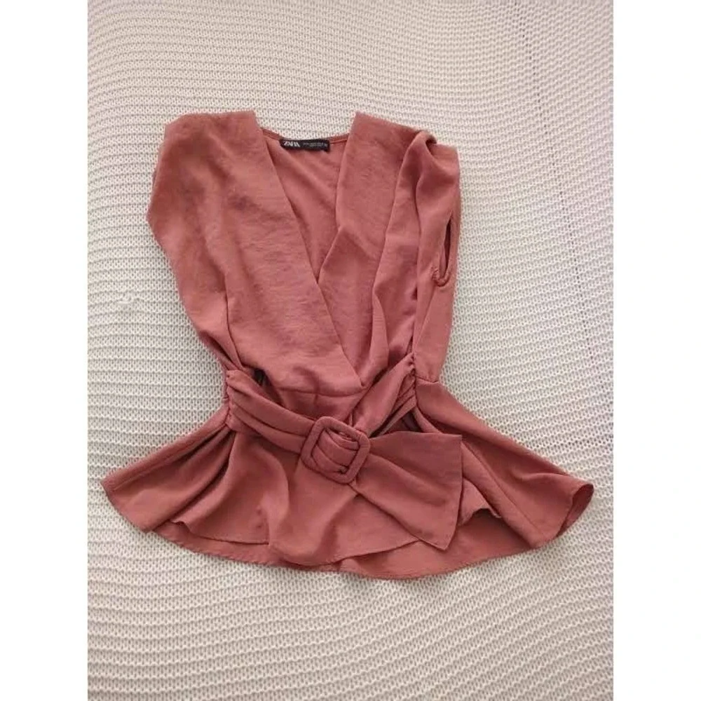 Zara Dusty Rose Pink Peplum Wrap Top‎ Belted V-Neck Sleeveless Fits S Small 2 4